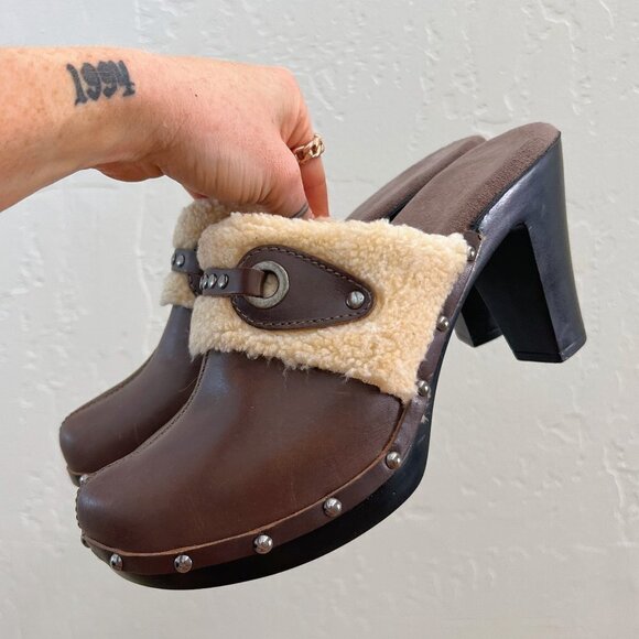 Y2K Brown Leather Studded Faux Sherpa Lined Heeled Mules - Picture 1 of 9